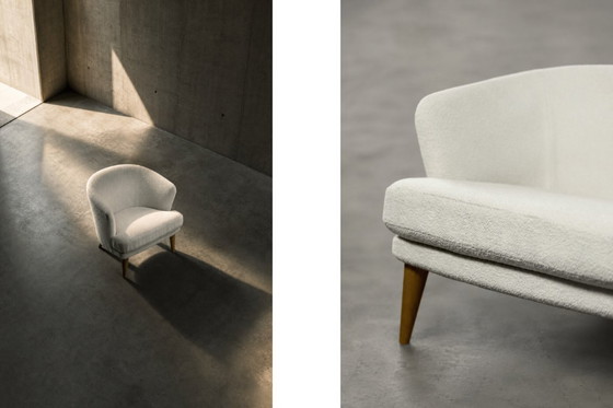Image 1 of Low Mid-Century Scandinavian Modern Oak & Fabric Armchair with Rounded Backrest, 1960s