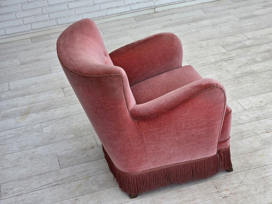 Image 1 of 1970s, Danish armchair, salmon pink furniture velour, oak wood.
