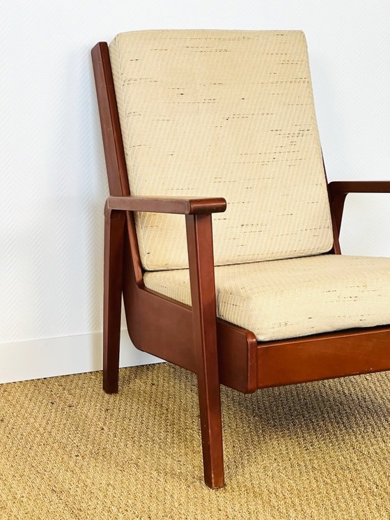 Image 1 of Vintage Scandinavische fauteuil van teakhout en beige textielstof, 1960