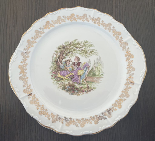 Plato de servir vintage Digoin Fragonard Ø 29,5 cm | Porcelana francesa con borde dorado