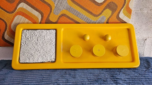 Space Age Wall Panel with Mirror Frame & Hooks – 1970s Italian Design, Yellow Plastic