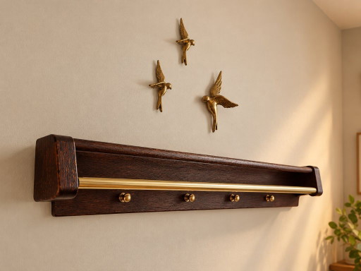 Wandkleiderständer aus dunklem Holz und Messing