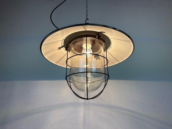 Image 1 of Industrial Grey Enamel Factory Hanging Cage Lamp, 1960s