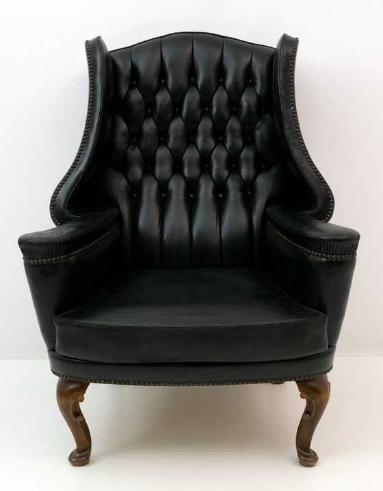 Image 1 of Georgische stijl Zeldzame originele Chesterfield leren fauteuil, jaren 1950