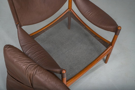 Image 1 of  Mid-Century Modern Danish Oak and Leather Lounge Chairs with Ottoman by Kristian Vedel for Søren Wiladsen, 1960s, Set of 3