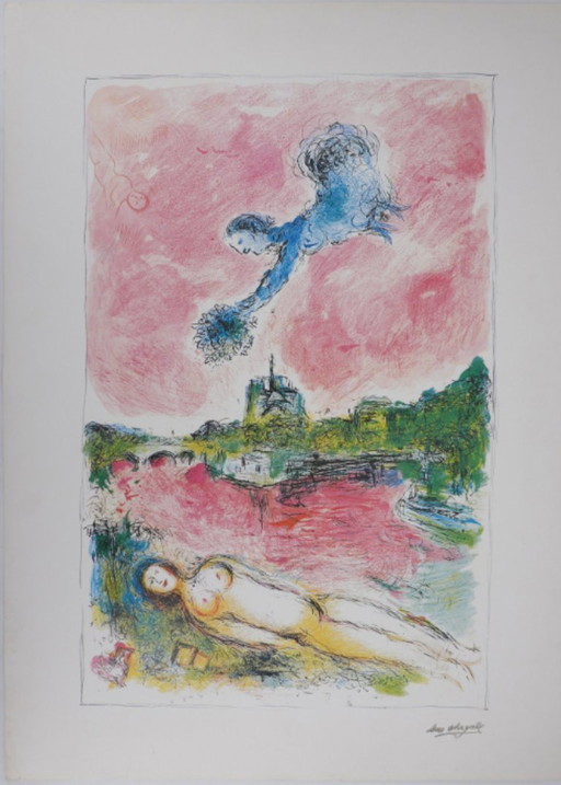 A poetic masterpiece, dreamlike original litograph of Marc Chagall 1981.