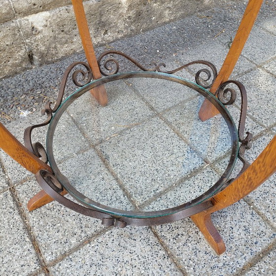Image 1 of Guéridon en chêne, fer forgé et verre, style milieu du XXe siècle, années 1950 – France