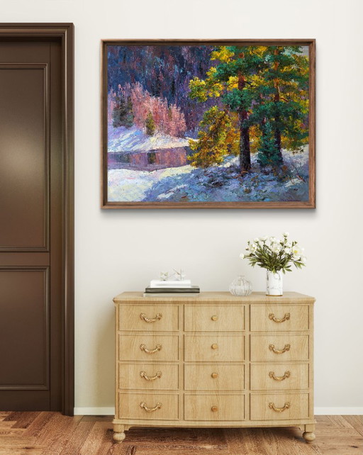 Original Oil Painting Winter Forest Landscape It Snowed in the Mountains – schilderijen tekeningen, Canvas (photo 2 of 8)