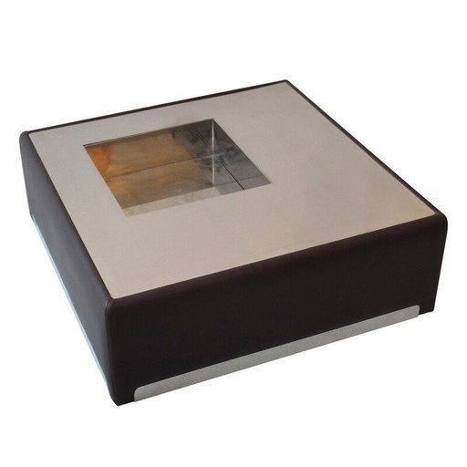 Table basse vintage en acier inoxydable et cuir, 1970
