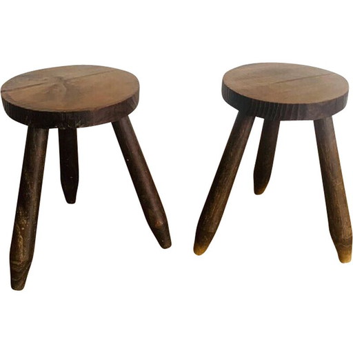 Paar vintage Dreibeinhocker mit runden Sitzen und Bleistiftfüßen