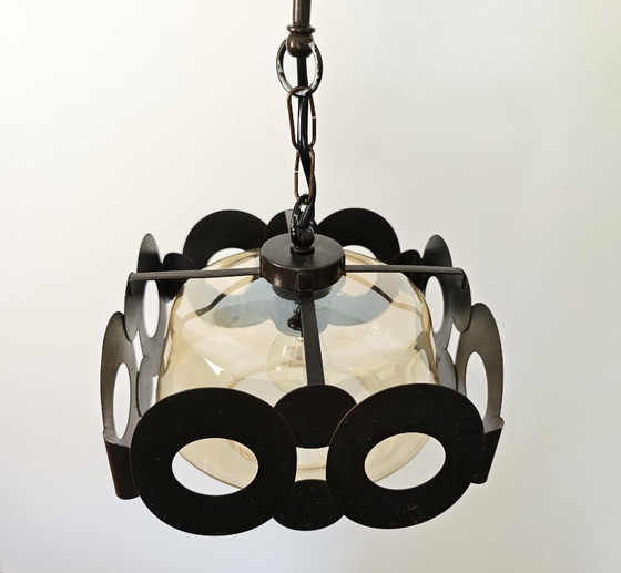 Image 1 of Lampe pendante vintage par Sijaj Hrastnik / Lampe suspendue Mid Century Modern / Lustre rétro géométrique en verre et marron, 19