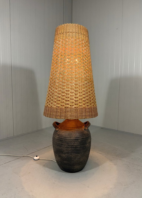 Image 1 of Large pottery floor lamp with rattan shade 1960's