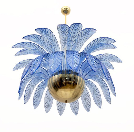 Mid-Century Modern Palm Leaves Big Chandelier Murano Glass and Brass