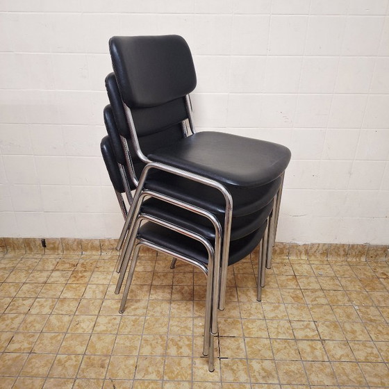 Image 1 of 4 x Vintage / Retro Chairs / Black Leatherette and Chrome