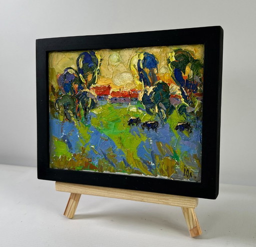 Original Oil Painting Sunset Summer Landscape Gold on the horizon