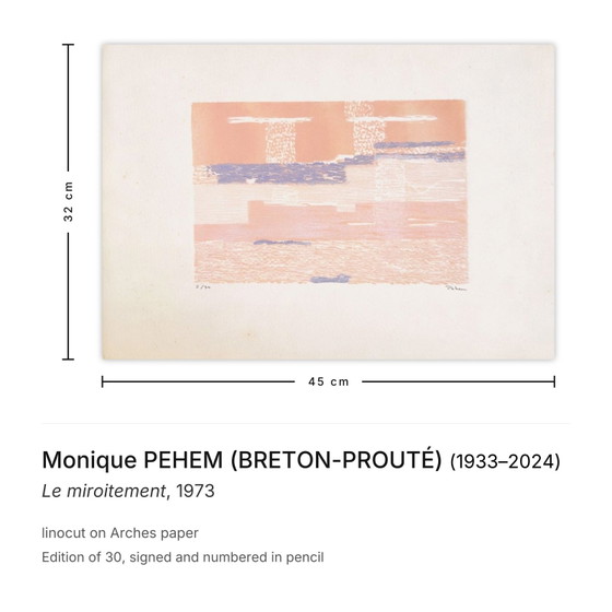 Image 1 of Monique PEHEM (BRETON-PROUTÉ) Le miroitement Signed linocut 1973