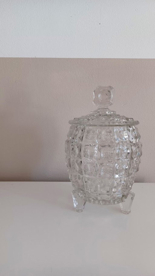 Tarro de galletas Art Déco de Libochovice. Marcado. Vidrio prensado checoslovaco vintage. 23cm