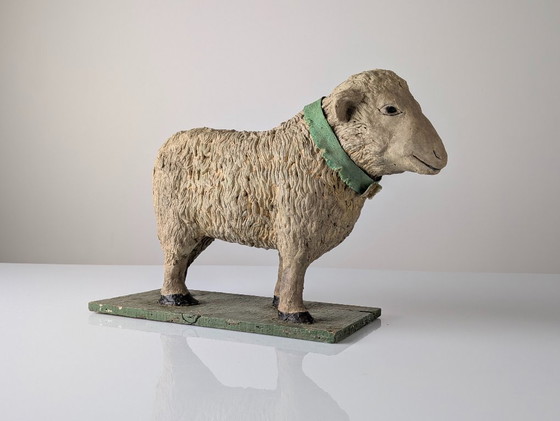 Image 1 of Pair of Large Stucco Sheep Sculptures, Early 20th Century, Farm Animals
