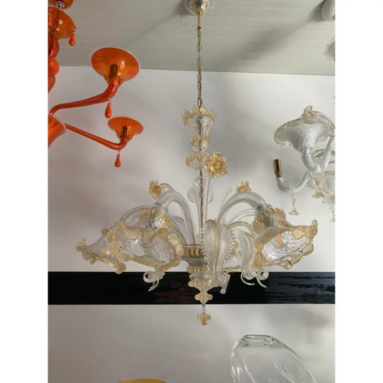 Image 1 of Lampadario in vetro di Murano in stile veneziano trasparente e oro con fiori e foglie
