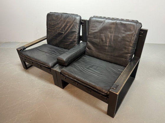 Image 1 of Beautiful Mid-Century Set of 2 Black Leather Brutalist Lounge Chairs, Designed by Sonja Wasseur (Amsterdam). 1970s.