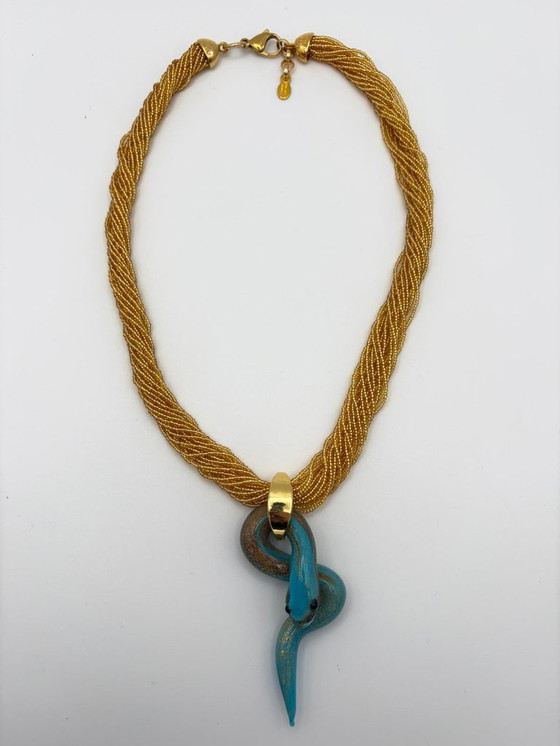 Image 1 of Murano Glass Chalcedony Snake Necklace with Gold Leaf – Venetian Handcrafted Sculpture