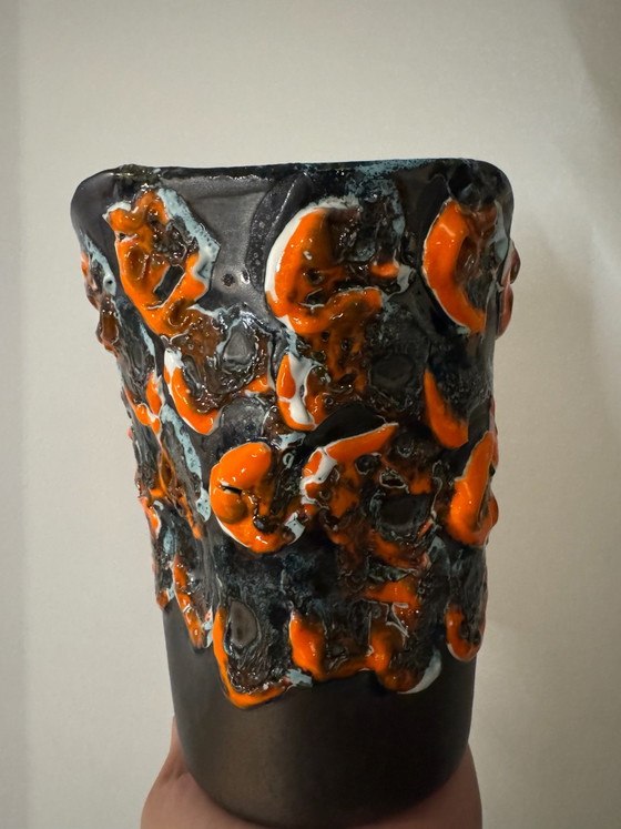 Orangene Fat Lava Vase 60er Jahre, Vasen, Keramik, Schwarz (Foto 14 von 15)