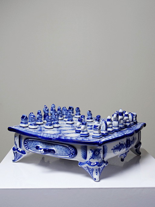 Rare and Unique Gzhel Porcelain Travel Chessboard Signed Yuri Garanin