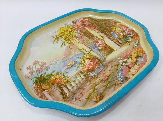 Image 1 of Vassoio in latta vintage, design del paesaggio marino