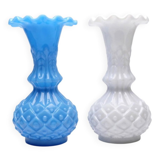 Pair of small vintage opaline vases in white and blue, pineapple decoration.