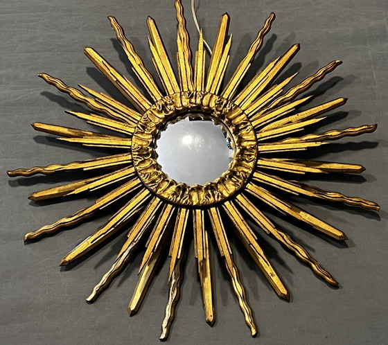 Image 1 of Espejo de sol de madera de doble cara con espejo convexo y lámpara, años 60. Montado en la pared.