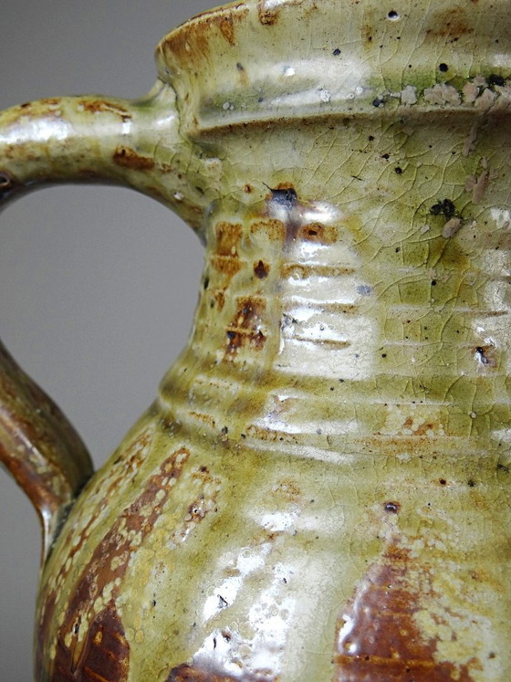 Image 1 of Impressive French stoneware pitcher from the 1960s-70s with a Japanese-inspired ash glaze