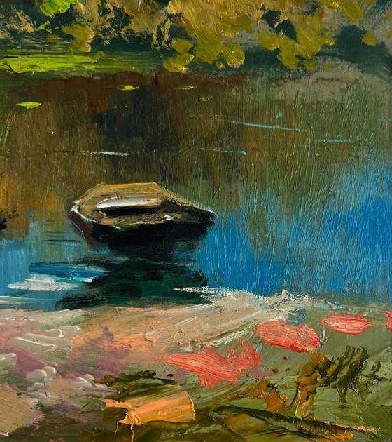 Image 1 of Original Oil Painting Summer River Landscape Crossing to the other bank