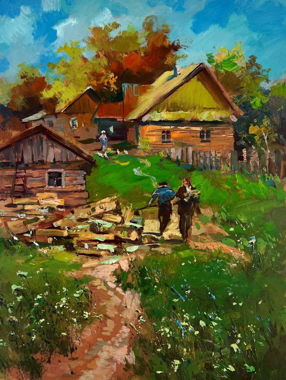 Image 1 of Original Oil Painting Rural Life Landscape Work on a summer day in the village