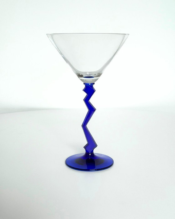 Image 1 of A set of 6 rare Martini glasses with a cobalt blue zig zag stem