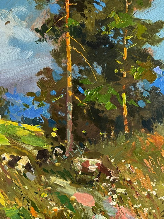 Image 1 of Peinture à l'huile originale, paysage d'été, vaches se promenant dans la nature