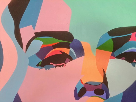 Image 1 of Pop-art portrait "Love You" - colorful abstract painting on MDF by Franklin van Dam (118x82cm)