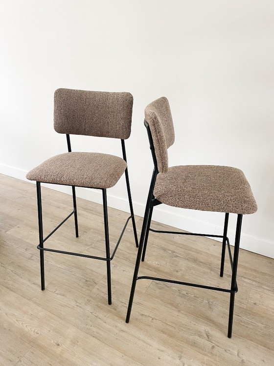 Image 1 of Reupholstered bar stool - brown bouclé - 2 pieces