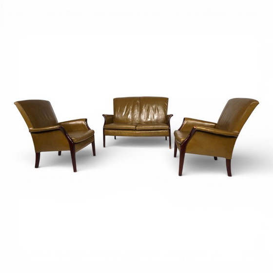 Image 1 of Froxfield 2 leather armchair and leather sofa set, moss green, by Parker Knoll, 1960
