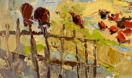 Image 1 of Original Oil Painting Village House Landscape A busy courtyard