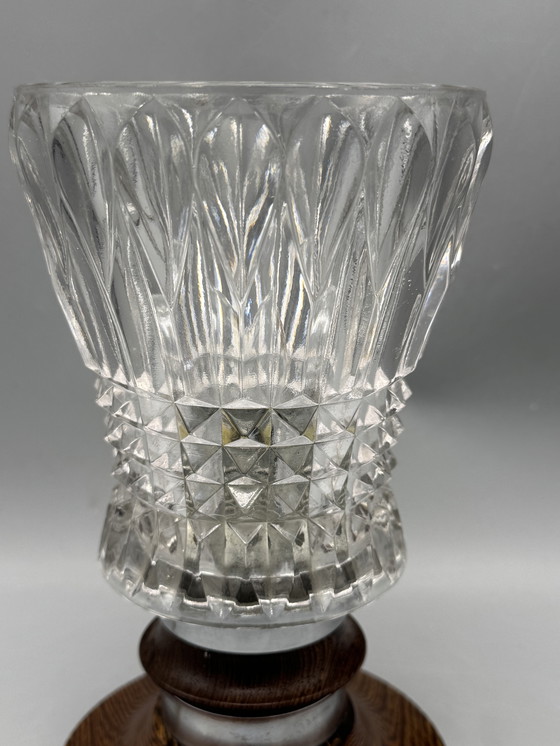 Image 1 of Mid-Century Table Lamp with Cut Glass Shade and Wooden Base – Vintage Design Lighting
