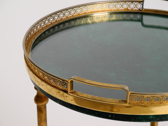 Image 1 of Round, small 1960s Aldo Tura serving or bar trolley in green goatskin leather | Made in Italy