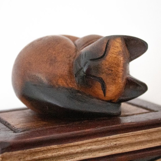 Image 1 of Teak Figurine of a Sleeping Cat on Two Books