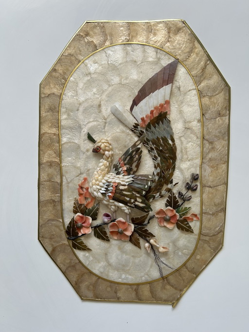 Vintage Octagonale Wanddecoratie van Parelmoer en Schelpen – Feniks Vogel Hollywood Regency Stijl
