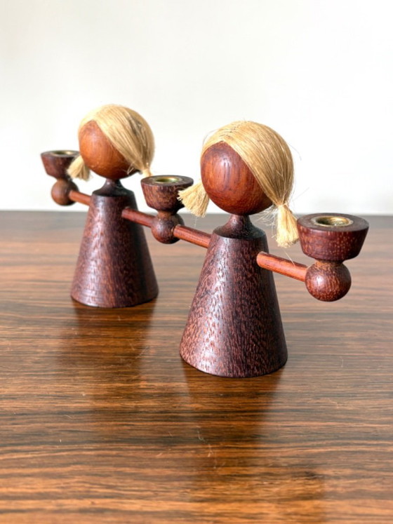 Image 1 of Retro teak candlestick/candle holder girls statue 60s