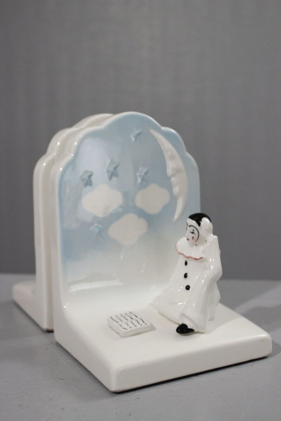 Image 1 of Pair of vintage earthenware bookends, Pierrot de la Lune design, 1980s