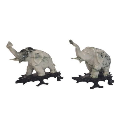 Pair of elephant paperweights, veined marble, 80’s - France