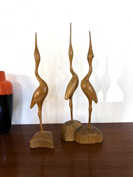 Image 1 of Conjunto antiguo de tallas de madera de garzas de los años 60.