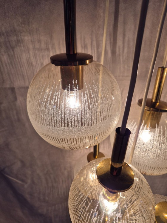 Image 1 of Vintage 1970s French Cascade Chandelier by Parscot – 7 Glass Globes, Brass & Textured Glass, Mid-Century Pendant Light