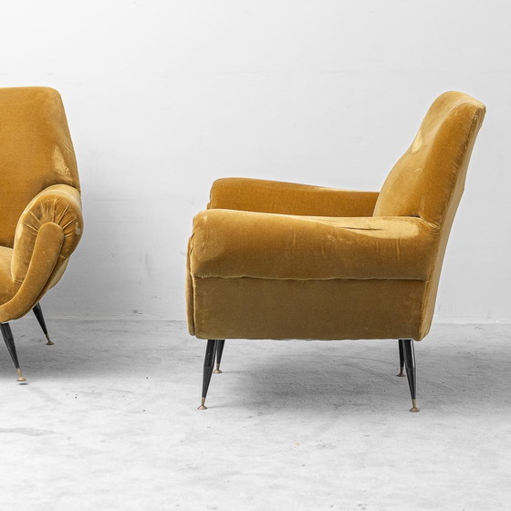 Coppia di poltrone vintage in velluto stile Gigi Radice – Design Italiano anni '50 – Metal, Velvet (photo 2 of 11)