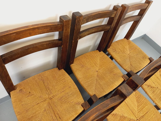 Image 1 of Set of 6 vintage brutalist chairs in solid oak and straw from the 60s